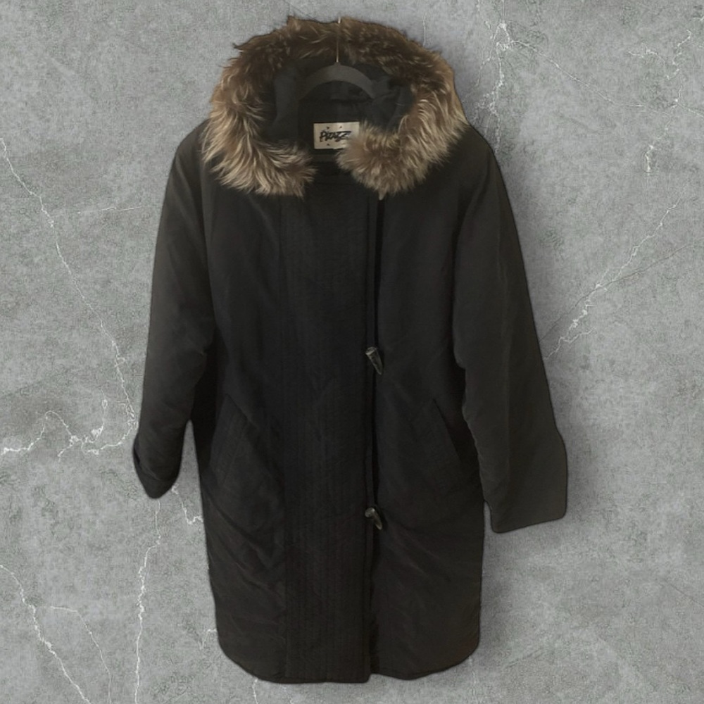 Vintage 80’s Pizazz black toggle button faux fur hooded puffer coat large